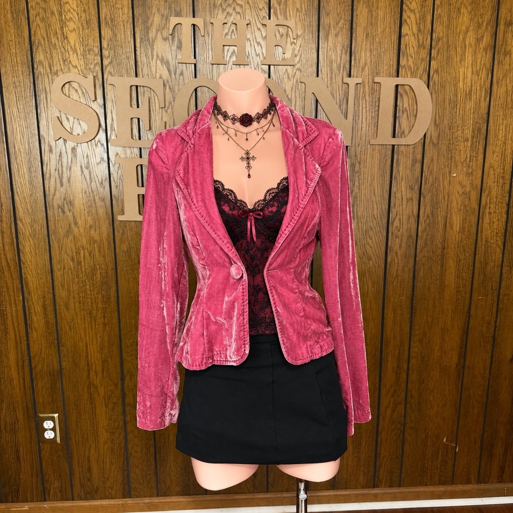 Y2K Whimsigoth Pink Velvet Blazer Jacket I.N. San Francisco Womens S Vintage